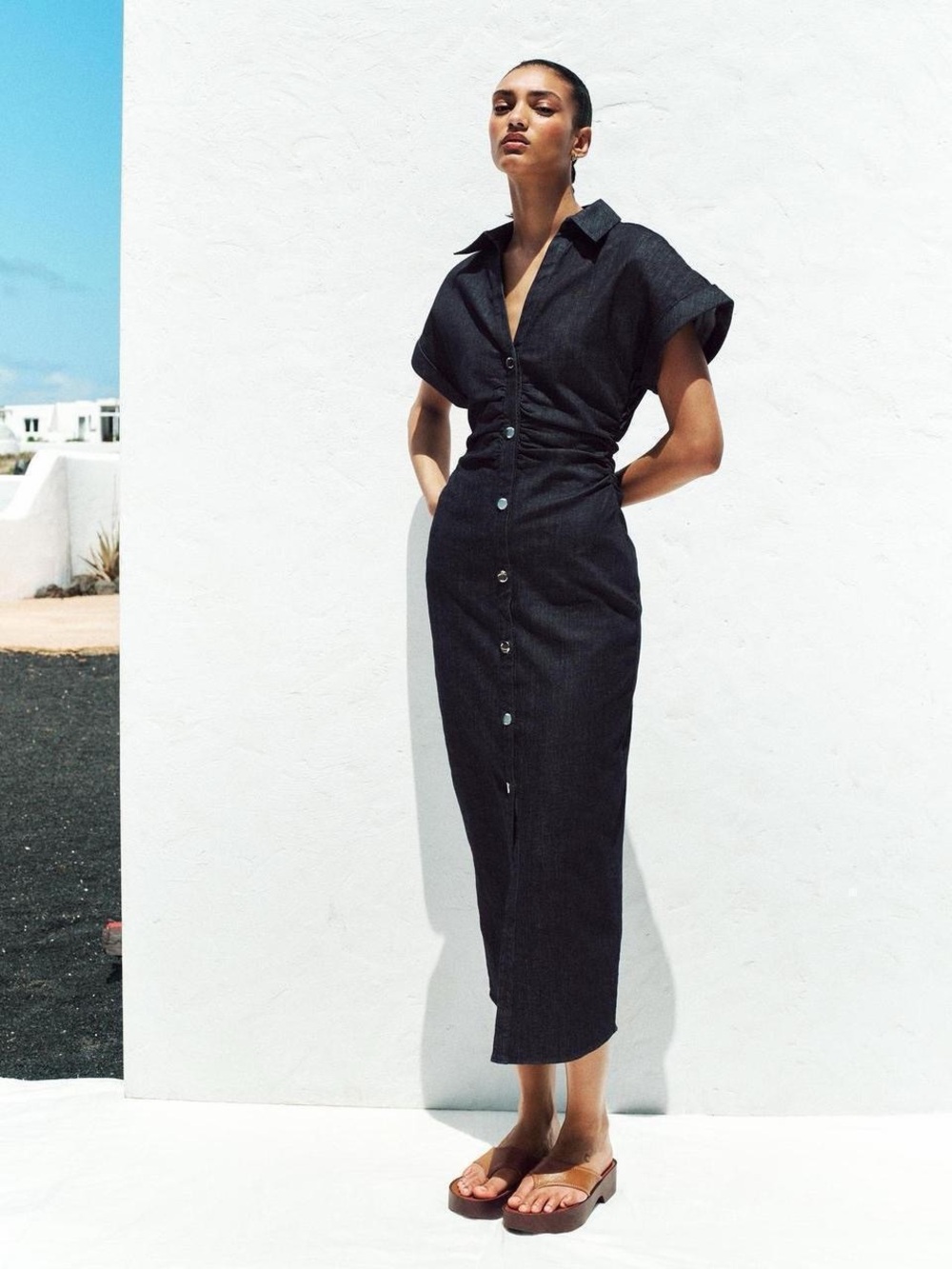 Black Button-Front Midi Shirt Dress